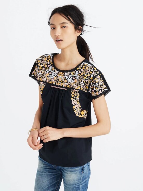 Madewell Tops - Madewell Springtime Black Embroidered Short Sleeve Blouse Size L